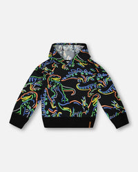 Printed Neon Dino Fleece Hooded Sweatshirt Black Sweaters & Hoodies Deux par Deux 