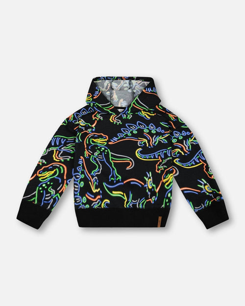 Printed Neon Dino Fleece Hooded Sweatshirt Black Sweaters & Hoodies Deux par Deux 