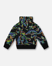 Printed Neon Dino Fleece Hooded Sweatshirt Black Sweaters & Hoodies Deux par Deux 