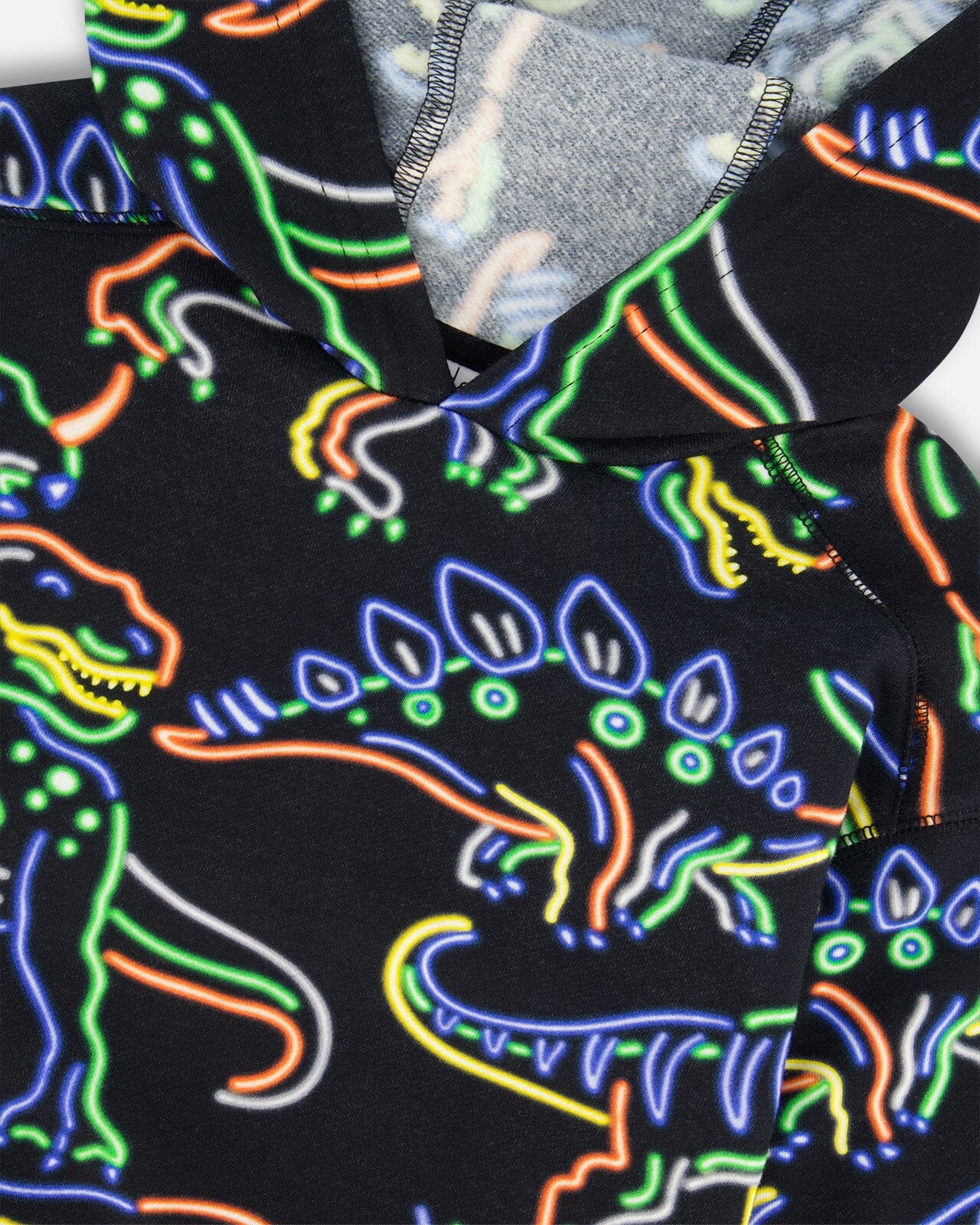 Printed Neon Dino Fleece Hooded Sweatshirt Black Sweaters & Hoodies Deux par Deux 