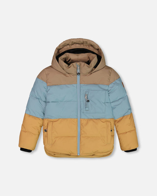 Puffy Jacket Taupe, Blue And Golden Brown Outerwear Deux par Deux 