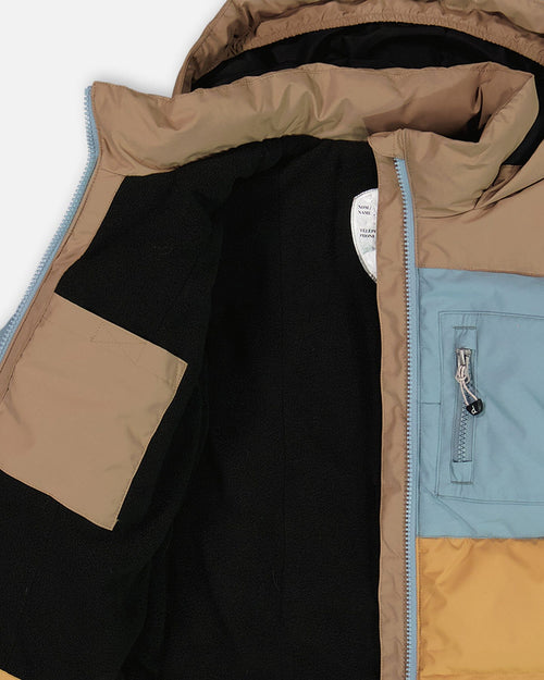 Puffy Jacket Taupe, Blue And Golden Brown Outerwear Deux par Deux 