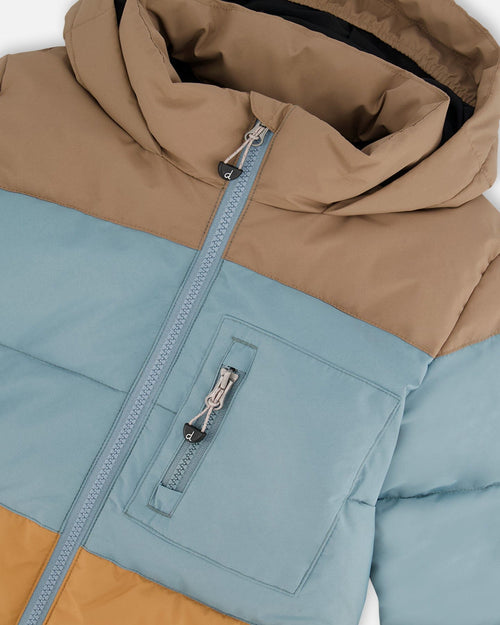 Puffy Jacket Taupe, Blue And Golden Brown Outerwear Deux par Deux 