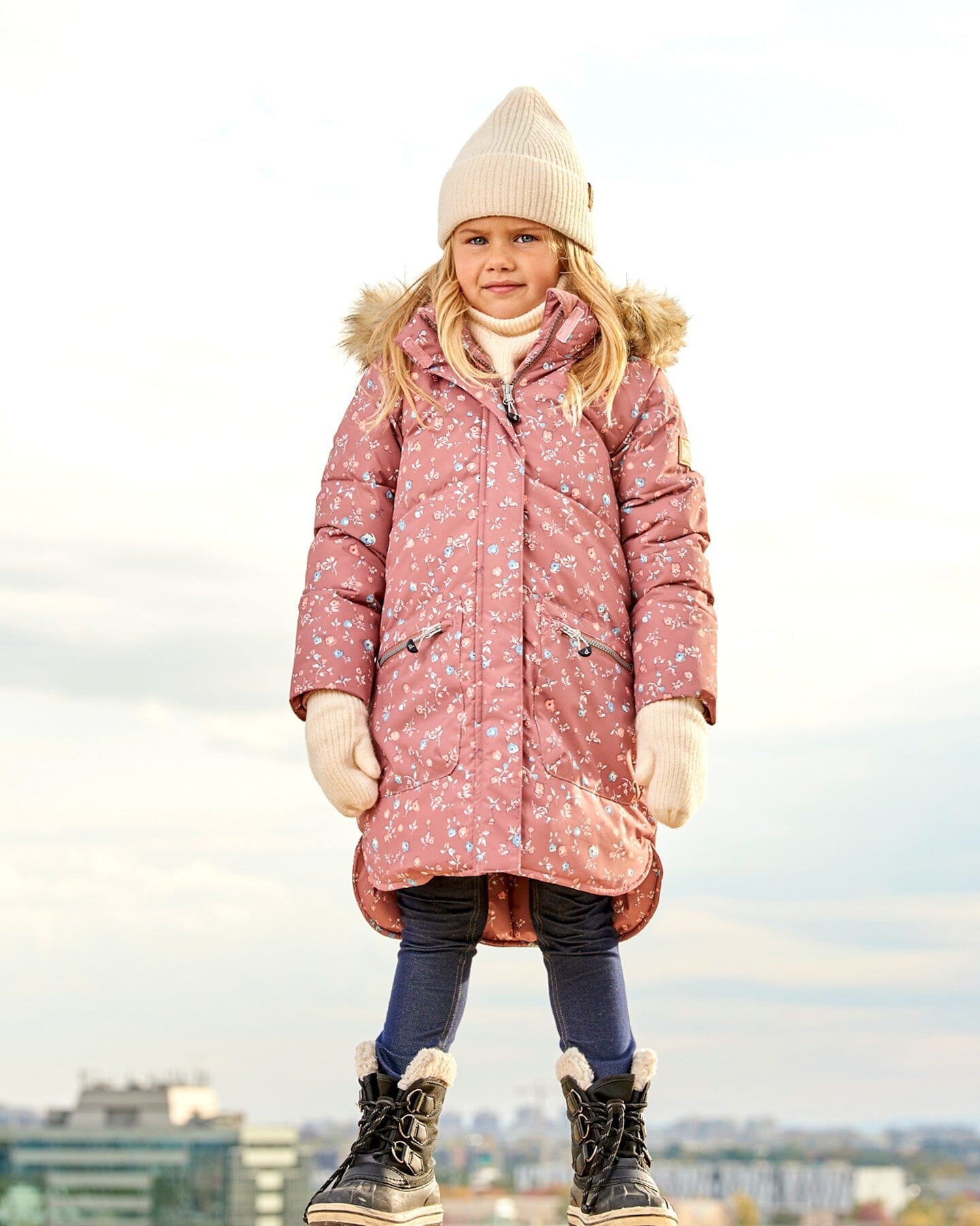 Puffy Long Coat Dusty Pink With Small Flowers - G20W59_005