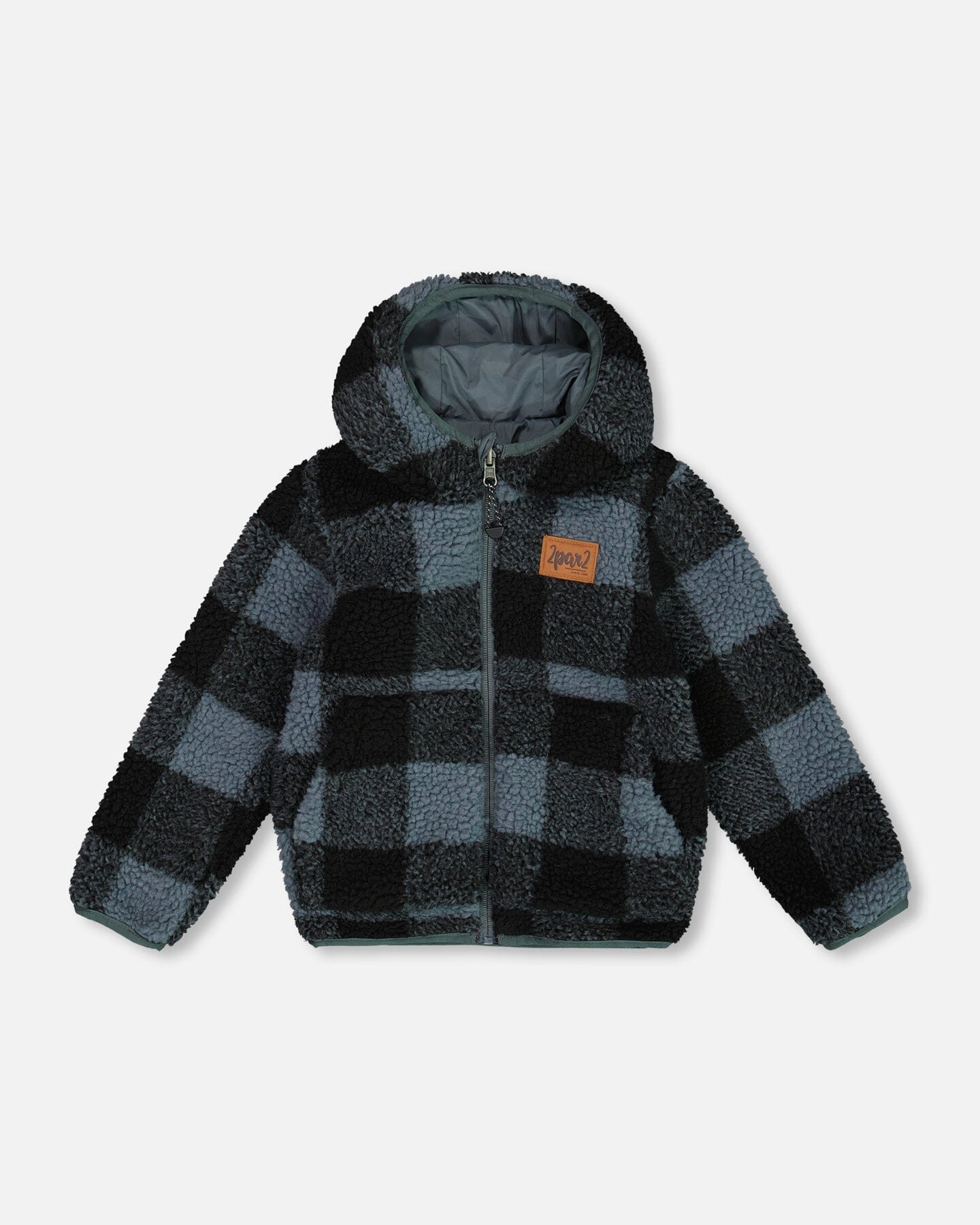 Reversible Sherpa Jacket Blue And Black Plaid Outerwear Deux par Deux 