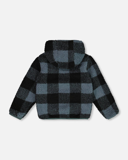 Reversible Sherpa Jacket Blue And Black Plaid Outerwear Deux par Deux 