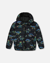 Quilted Jacket Black Printed Neon Dino Outerwear Deux par Deux 