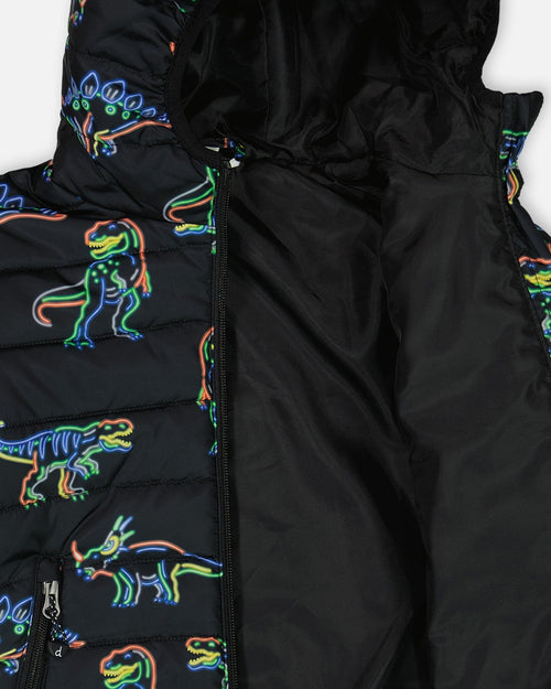 Quilted Jacket Black Printed Neon Dino Outerwear Deux par Deux 