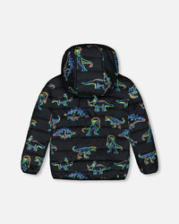 Quilted Jacket Black Printed Neon Dino Outerwear Deux par Deux 