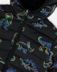 Quilted Jacket Black Printed Neon Dino Outerwear Deux par Deux 