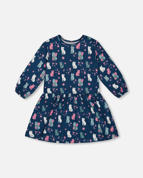 Printed Long Sleeve Dress Navy Blue With Kitten - G20Z90_041