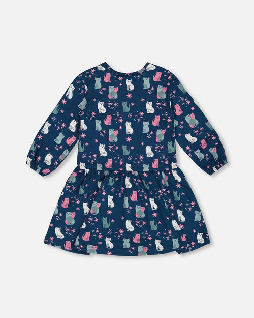 Printed Long Sleeve Dress Navy Blue With Kitten - G20Z90_041