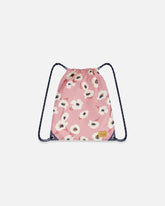 Drawstring Bag Pink Printed Off White Flowers