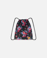 Drawstring Bag Black Printed Roses