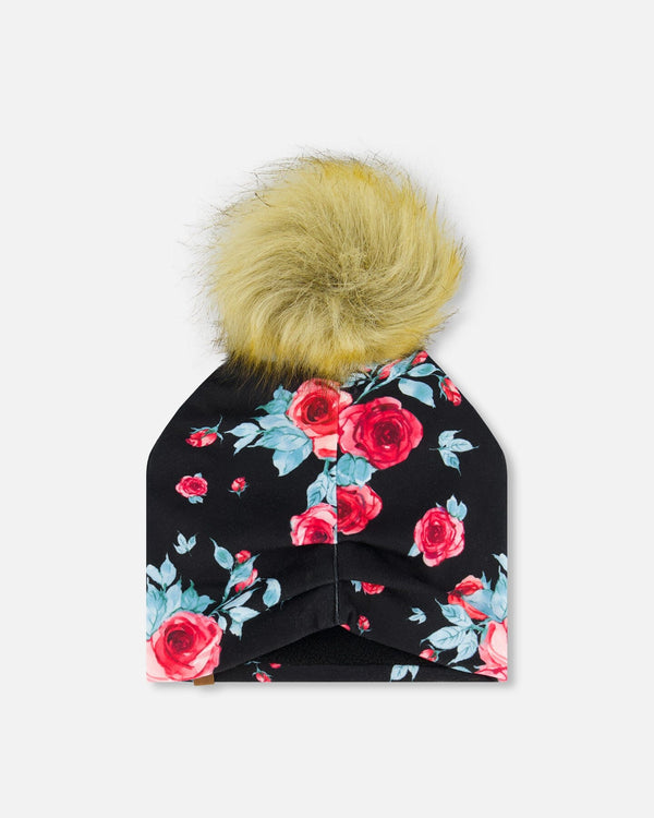 Mid-Season Jersey Detachable Pompom Hat Black Printed Roses Outdoor Accessories Deux par Deux 