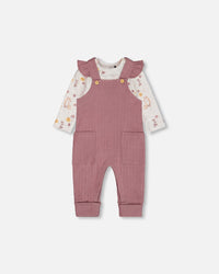 Printed Organic Cotton Onesie And Pointelle Overall Set Woodrose Sets Deux par Deux 