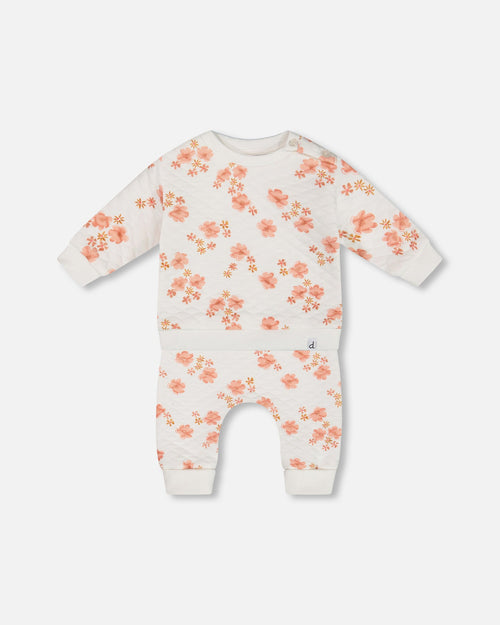 Printed Quilted Top And Pant Set White And Pink Flowers - G30A14_000