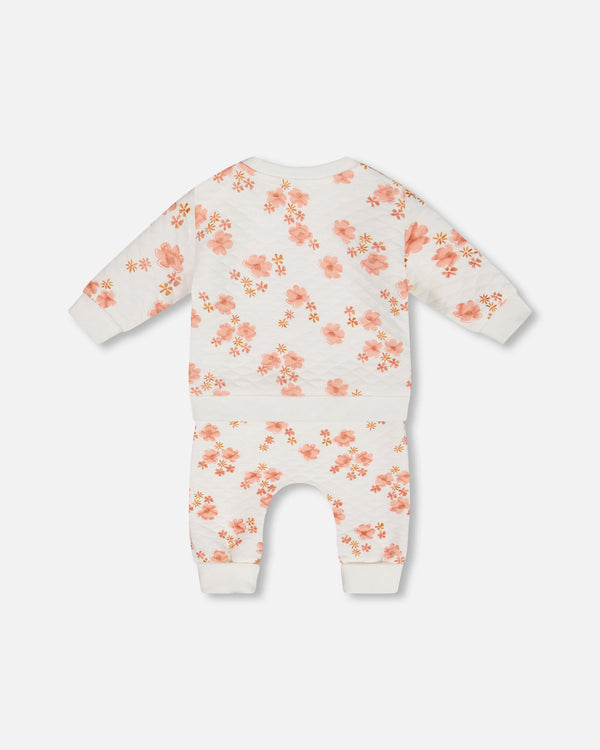 Printed Quilted Top And Pant Set White And Pink Flowers - G30A14_000