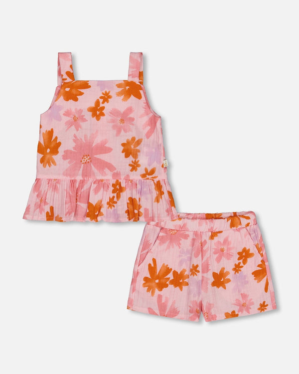 Printed Tank Top And Short Muslin Set With Frills Pink And Coral Flowers - G30E10_080