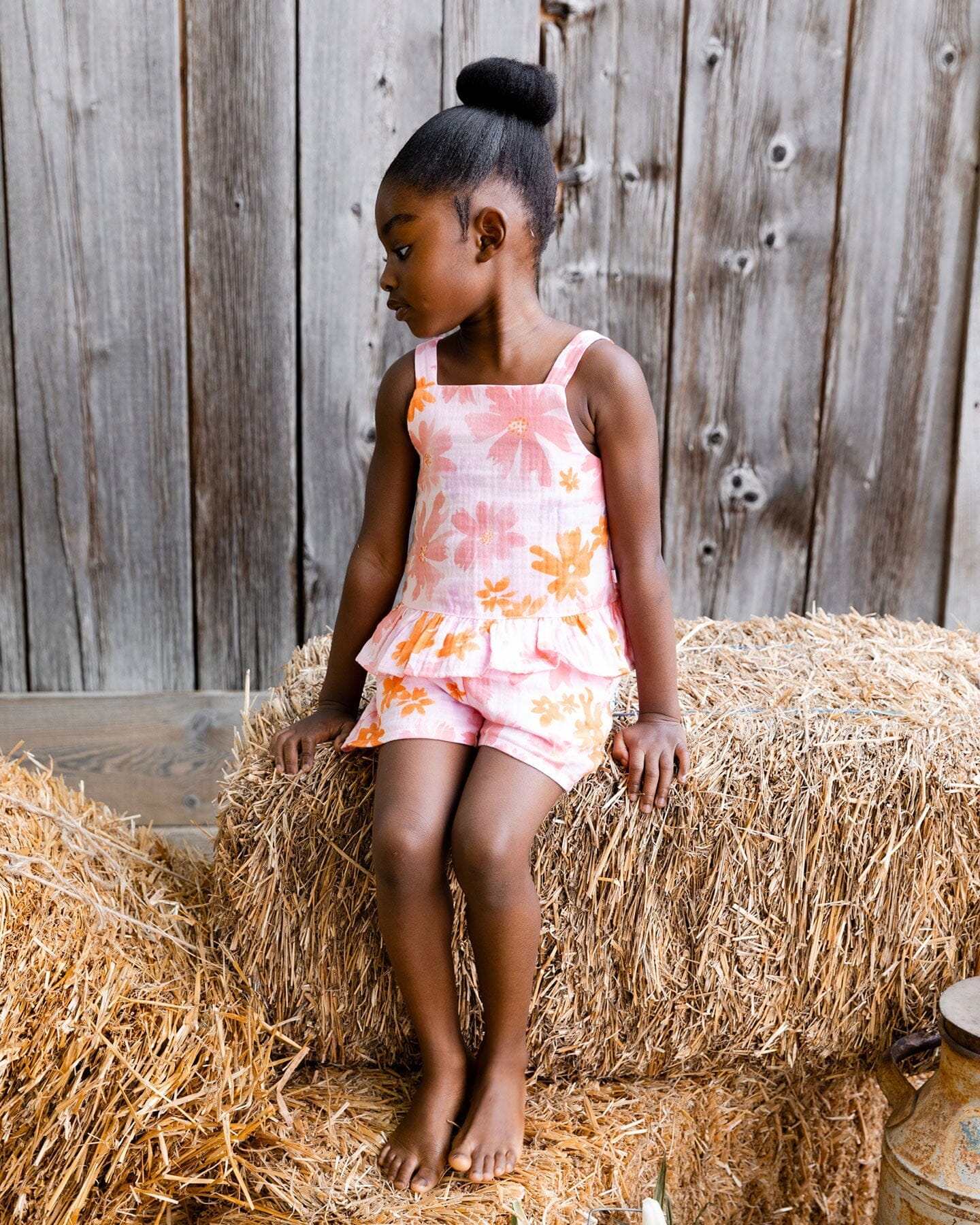 Printed Tank Top And Short Muslin Set With Frills Pink And Coral Flowers - G30E10_080