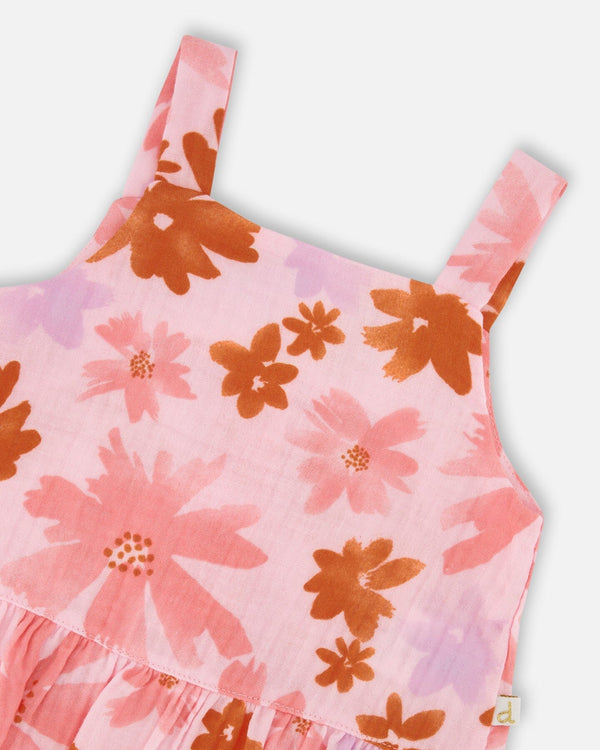 Printed Tank Top And Short Muslin Set With Frills Pink And Coral Flowers - G30E10_080