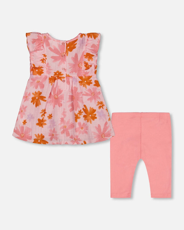 Printed Tunic And Solid Leggings Set Pink And Coral Flowers - G30E11_080