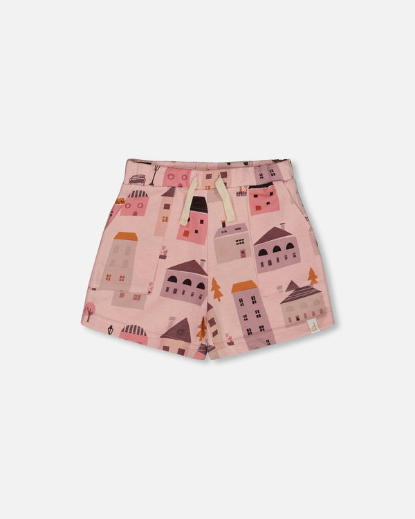 Printed French Terry Short Pink And Coral Houses - G30E27_081