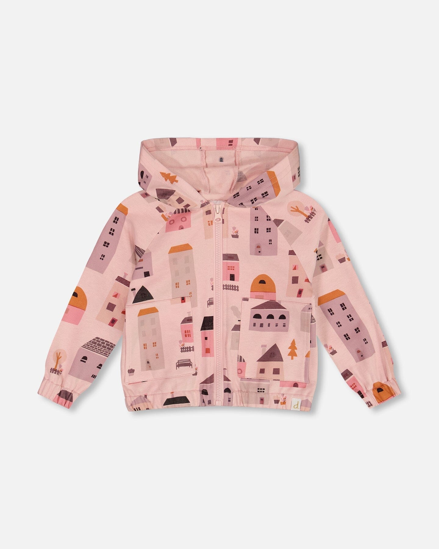 Printed French Terry Hoodie Cardigan Pink And Coral Houses - G30E30_081