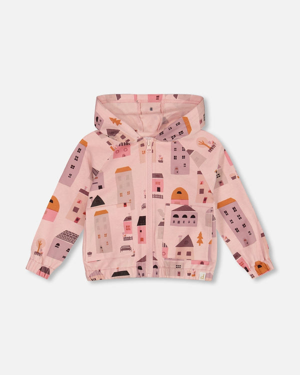 Printed French Terry Hoodie Cardigan Pink And Coral Houses - G30E30_081