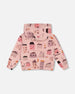 Printed French Terry Hoodie Cardigan Pink And Coral Houses - G30E30_081