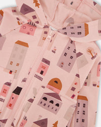 Printed French Terry Hoodie Cardigan Pink And Coral Houses - G30E30_081