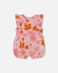 Printed Muslin Romper Pink And Coral Flowers - G30E40_080