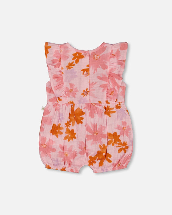 Printed Muslin Romper Pink And Coral Flowers - G30E40_080