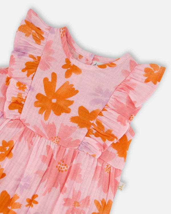 Printed Muslin Romper Pink And Coral Flowers - G30E40_080