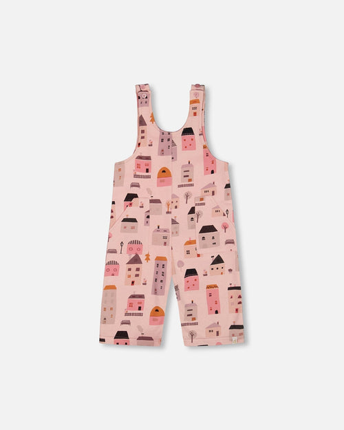 Printed French Terry Overalls Pink And Coral Houses - G30E41_081