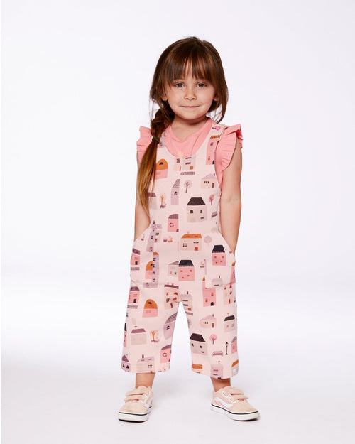 Printed French Terry Overalls Pink And Coral Houses - G30E41_081