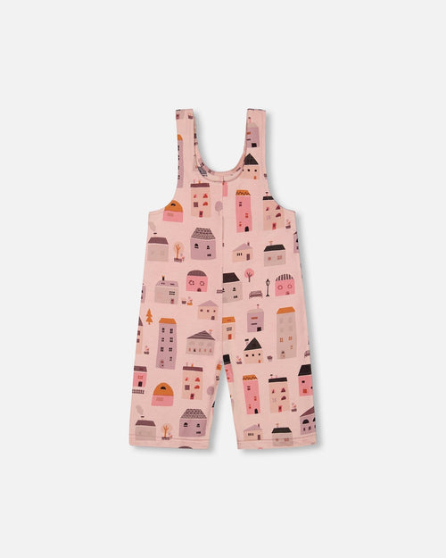 Printed French Terry Overalls Pink And Coral Houses - G30E41_081