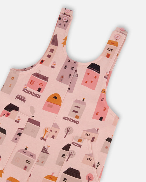 Printed French Terry Overalls Pink And Coral Houses - G30E41_081