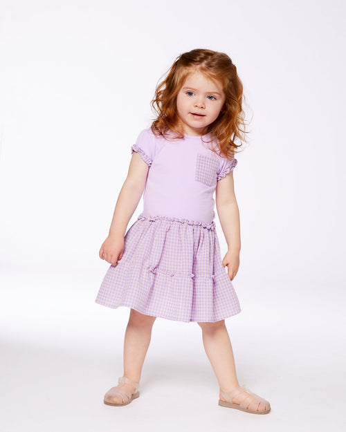 Bi-Material Dress With Ruffle Gingham Skirt Lilac And White - G30E88_544