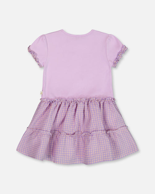 Bi-Material Dress With Ruffle Gingham Skirt Lilac And White - G30E88_544