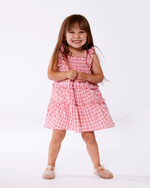 Smocked Layered Dress With Frill Sleeve Checked Pink - G30E89_000