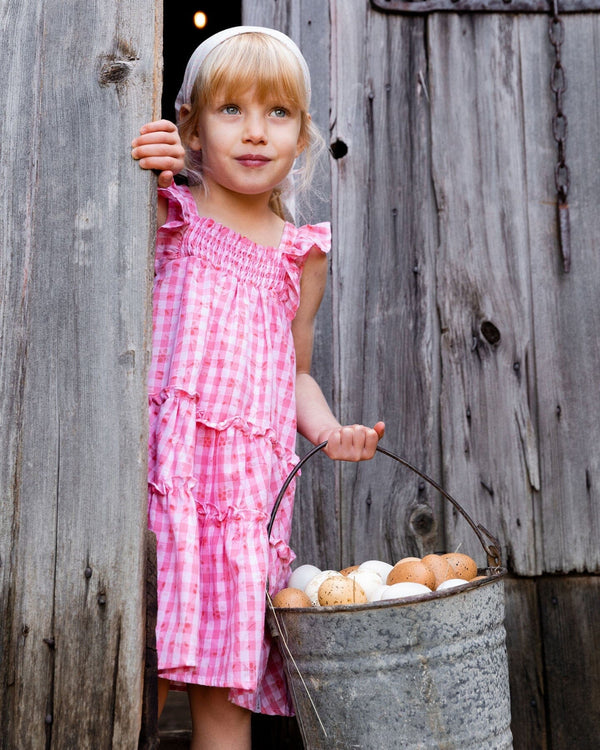 Smocked Layered Dress With Frill Sleeve Checked Pink - G30E89_000