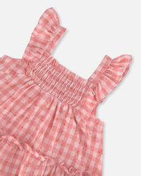 Smocked Layered Dress With Frill Sleeve Checked Pink - G30E89_000