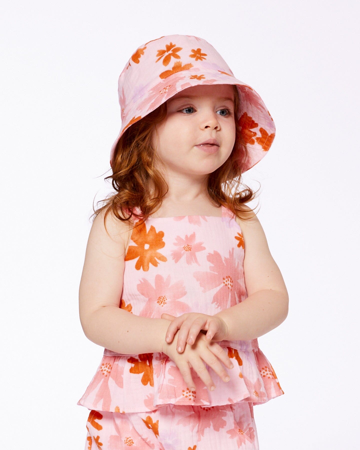 Printed Muslin Bucket Hat Pink And Coral Flowers - G30EH_080