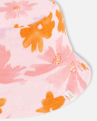 Printed Muslin Bucket Hat Pink And Coral Flowers - G30EH_080