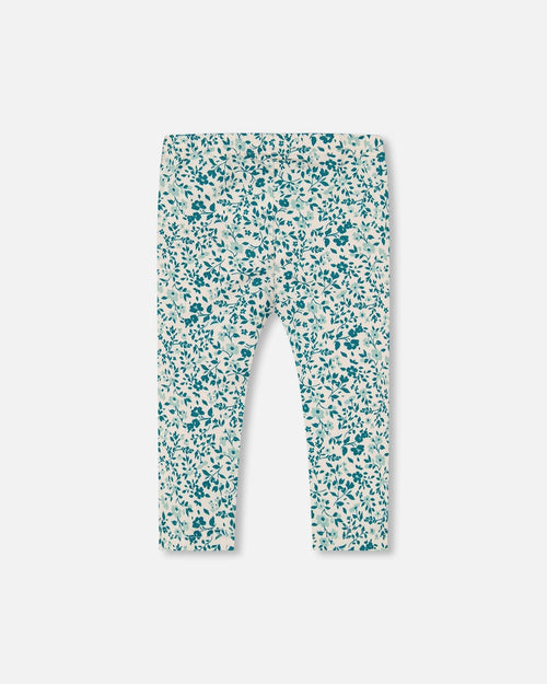 Printed Organic Cotton Legging Small Turquoise Flowers - G30F60_095