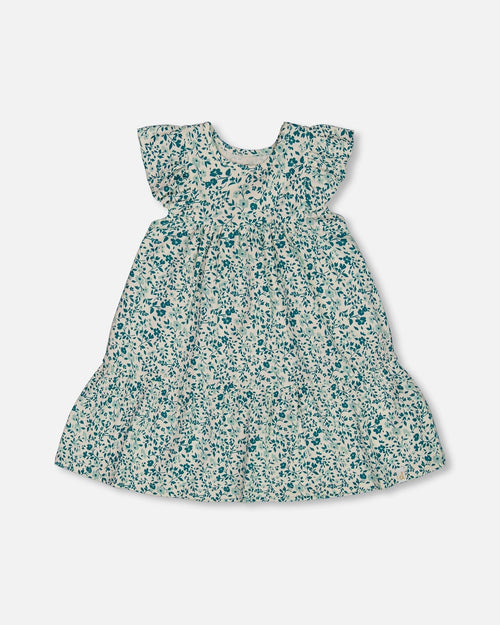 Printed Organic Cotton Dress Small Turquoise Flowers - G30F86_095