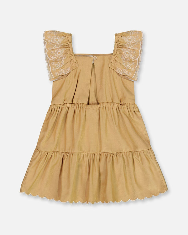 Chambray Dress With Embroidery Golden Beige - G30F88_109