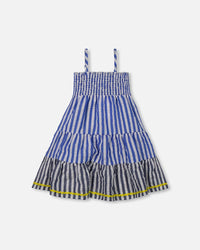 Smocked Seersucker Peasant Dress Blue And White Striped - G30G86_298