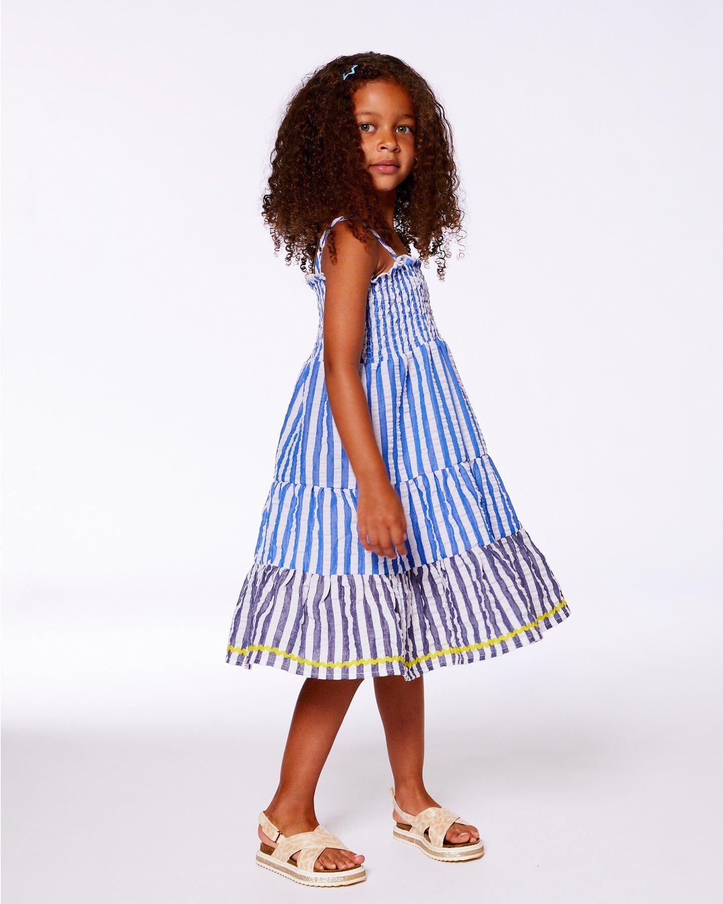 Smocked Seersucker Peasant Dress Blue And White Striped - G30G86_298